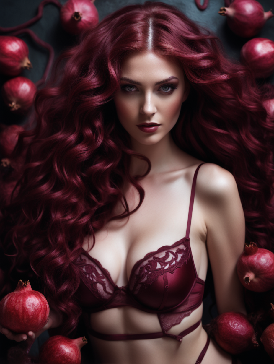 a very beautiful woman
wavy maroon hair
in the underworld/hell
wearing maroon lingerie
pomegranates
greek goddess 