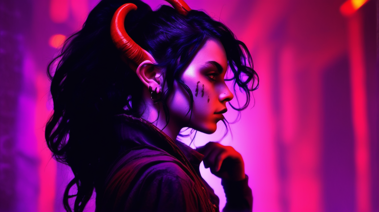 a beautiful female teenage tiefling with purple skin with black hair in profile, lit by red light underground