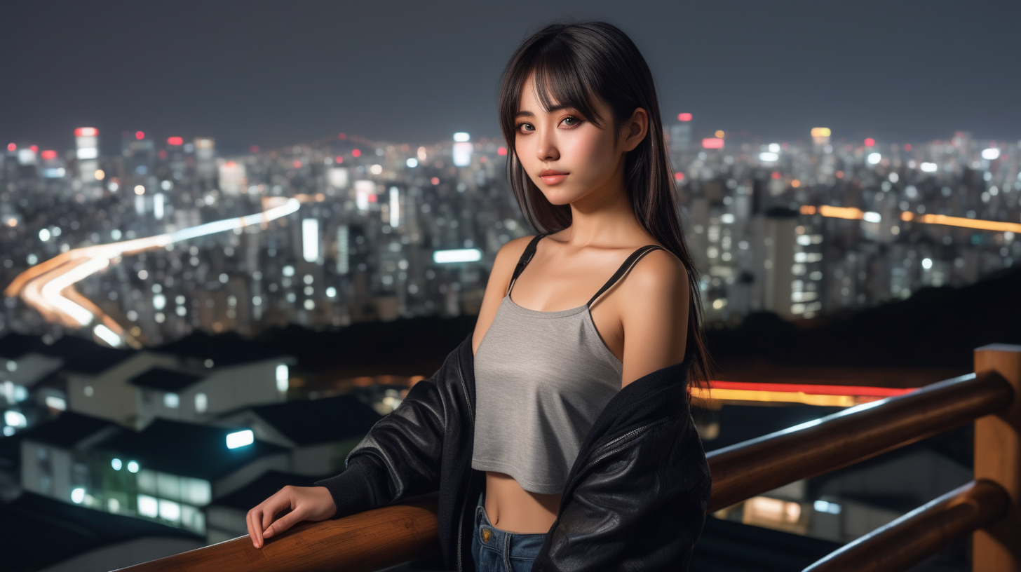 A 25 yo japan woman in a delightful afternoon. She is standing looking at the camera, She is standing on leaning against a wooden railing. We are on the outskirts of the city of Tokyo on a hill. In the distance you can see a cyberpunk city, with its lights and colors. It's night but it's bright. She wears a cyberpunk look.This photography is the best representation of female beauty, shiny dark hair, hazel eyes, Extremely realistic textures and warm colors give the final touch. Sharp focus and realistic shadows add to the scene.
