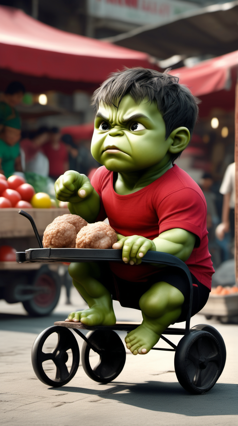 foto realistic, Foto Baby hulk Berbadan Gemuk, Baju Merah, Celana  hitam, Sedang Mendorong Gerobak Bakso, wajah Nya Lucu Lelah, di Pasar tradisional