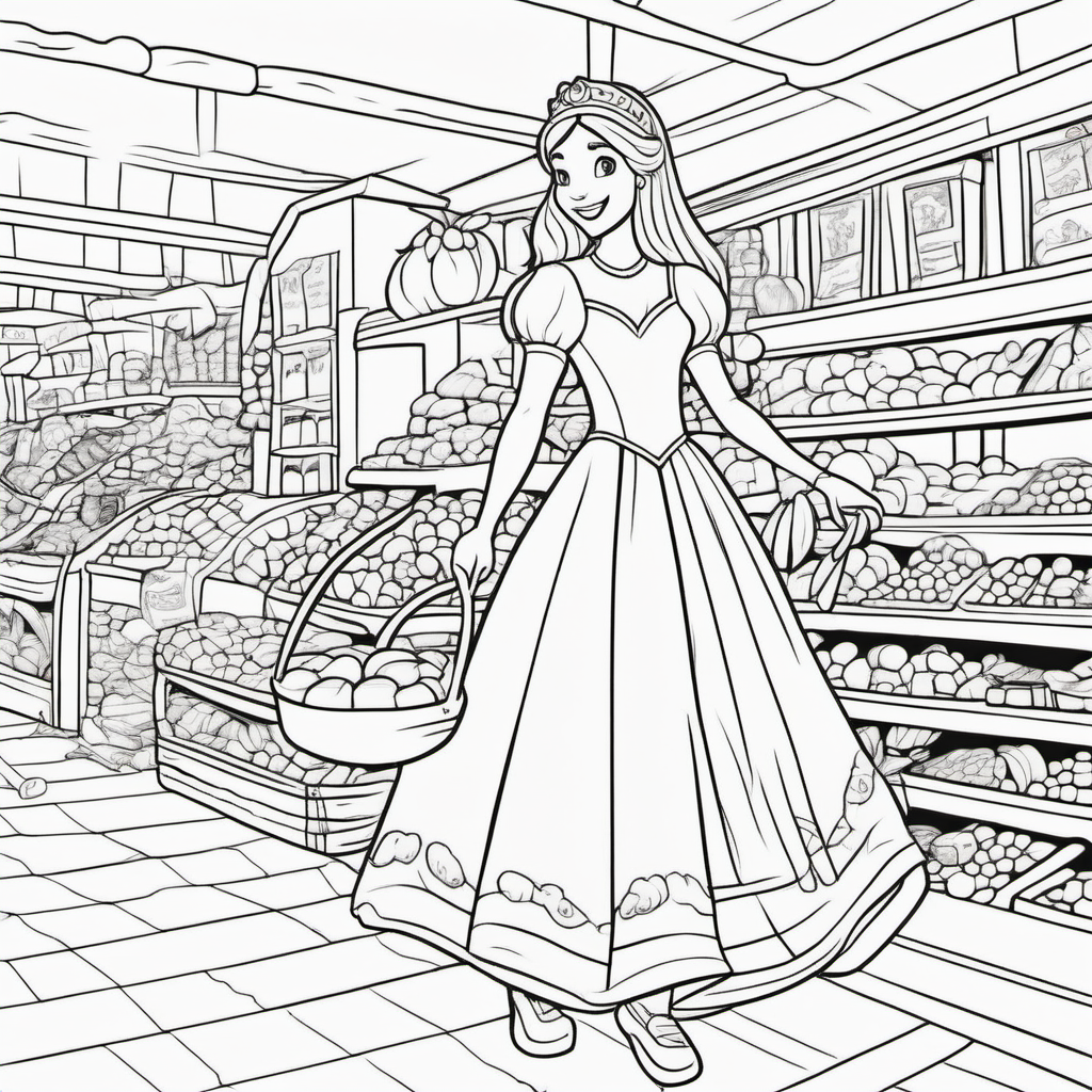 coloring pages for young kids, princess walking through a market shopping,cartoon style, thick lines, low detail, no shading  