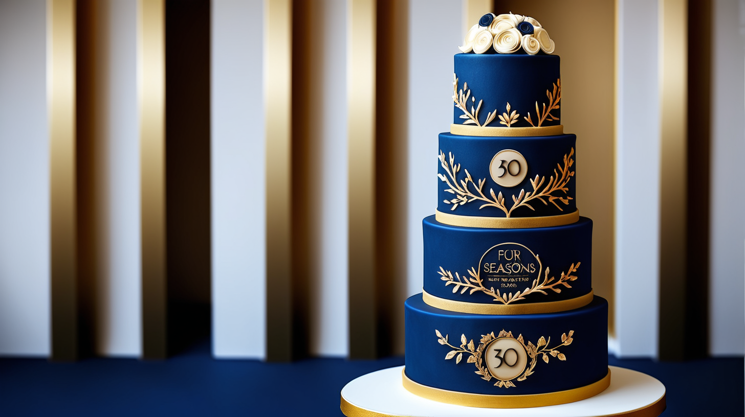 cake for "Four Seasons" hotel for the 30 years anniversary, with five tiers. Navy blue color and gold details