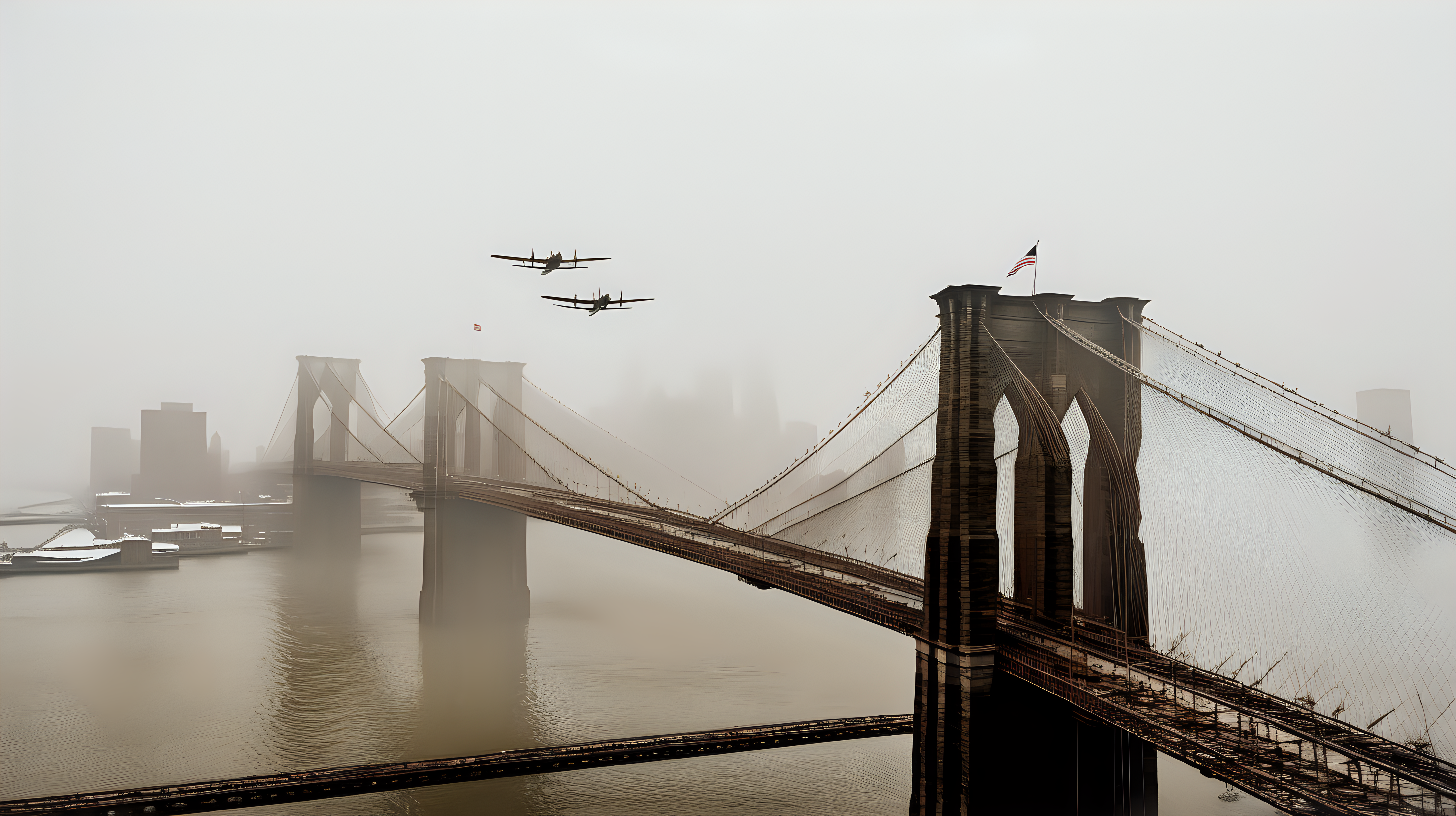 WW2 planes flying over Brooklyn bridge shrouded in fog 