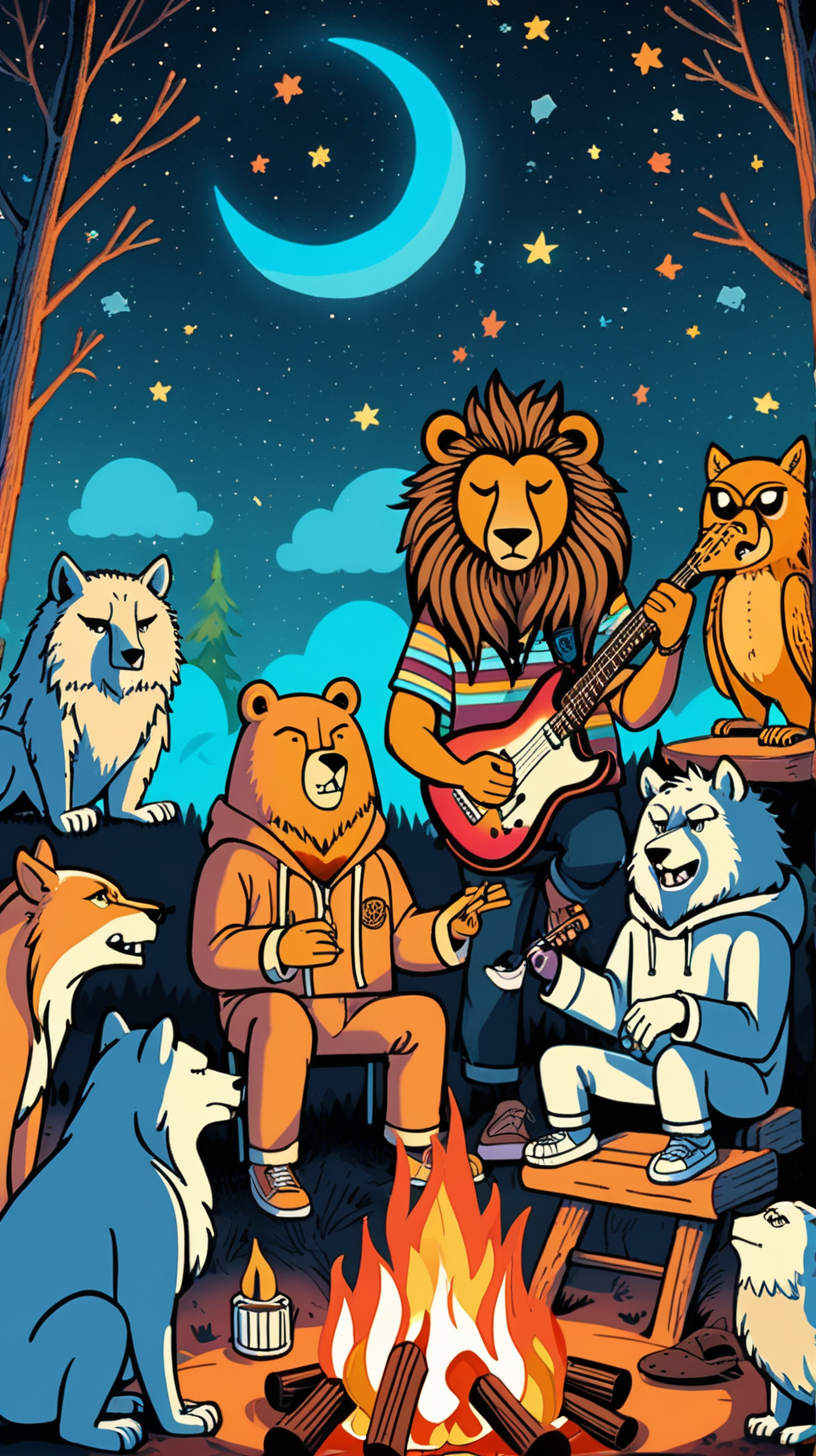 cosmic campout lion bear wolf owl music campfire