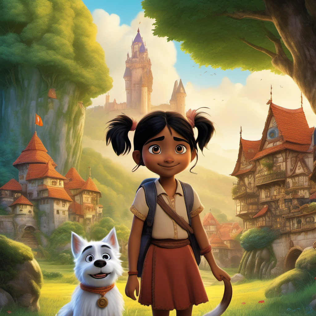 A delightful little Indian girl fascinated by languages is embarking on a journey In the magical fairy tale land of Sprachland to learn German, accompanied by her loyal companion, a fluffy dog named Elsa, Hayao Miyazaki