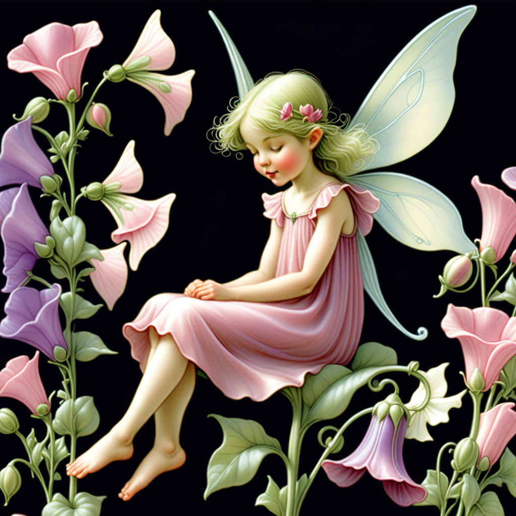  Create a fairy peacefully resting on a sweet pea blossom, dreaming whimsical dreams, reflecting Cicely Mary Barker's ability to infuse magic into every detail.