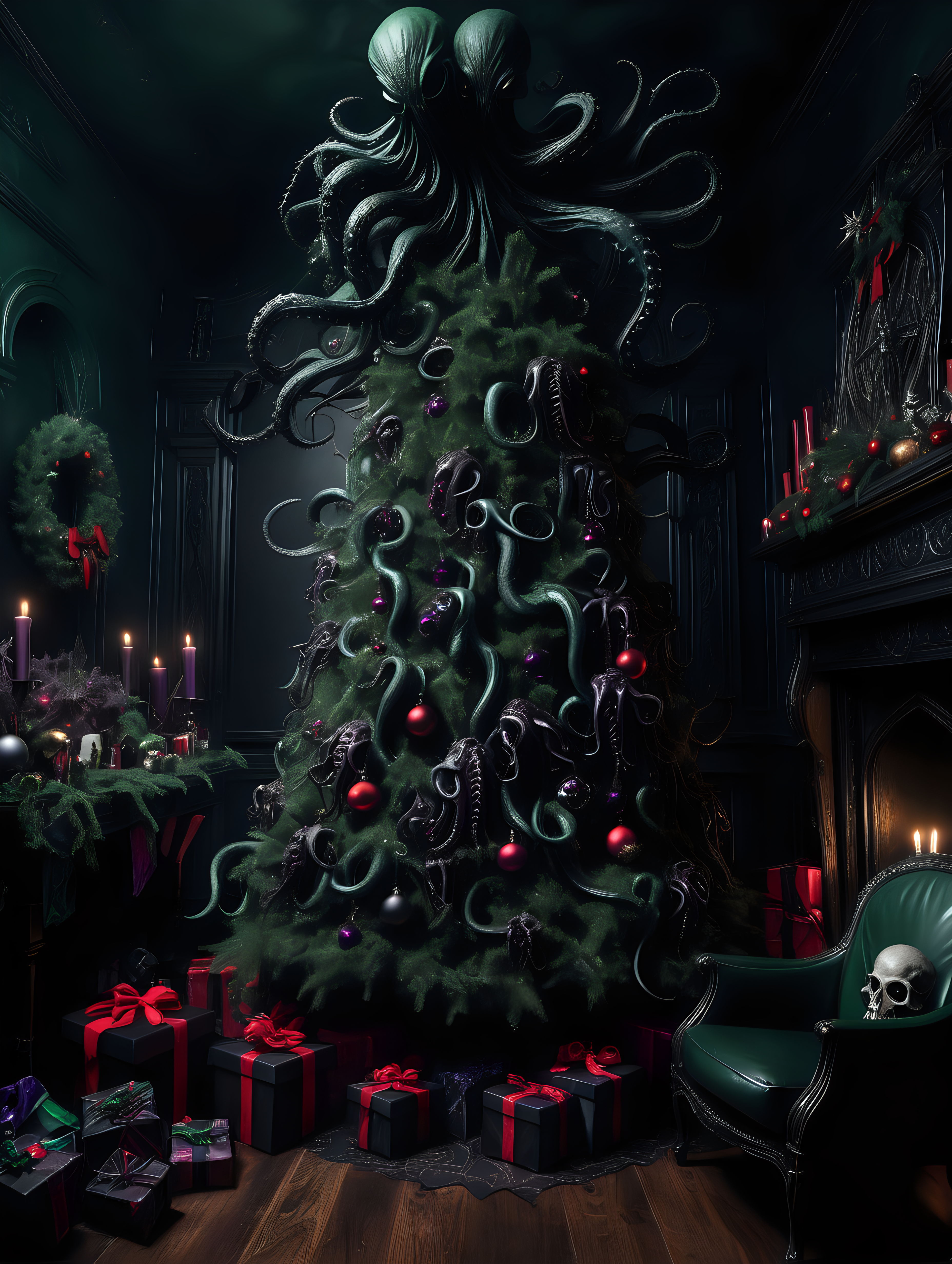 A dark gothic Christmas tree in a dark gothic room. Tree is decorated by sinister eldritch decorations and has the tentacles of Cthulhu coming through the branches in a menacing way. The tentacles must be dark greens. The whole feel of the picture should be eldritch and gothic, dark tines and sinister.  There are various presents under the tree, these are also decorated in eldritch gothic style