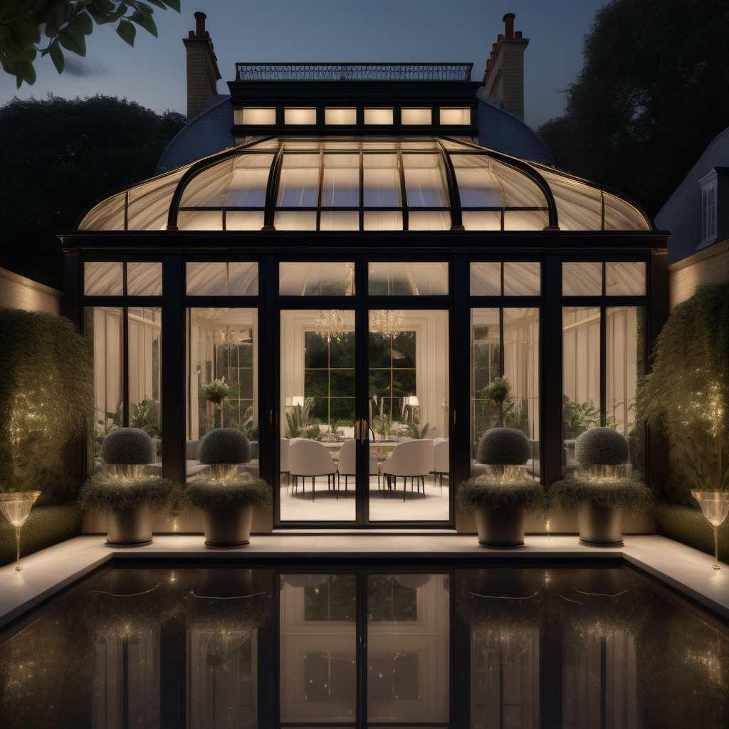 a hyperrealistic of an elegant Modern Parisian estate home conservatory with mood lighting,overlooking the pool and lush gardens, in a beige oak brass and black colour palette 
