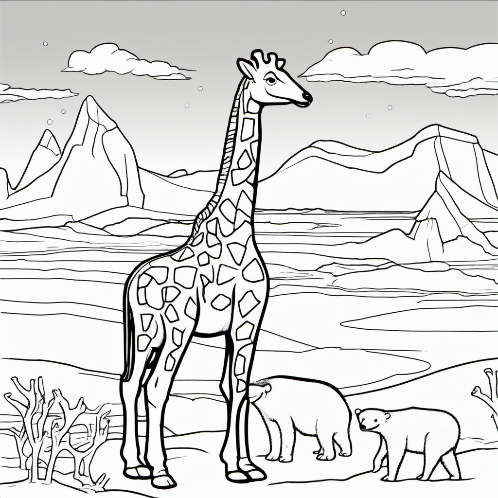/imagine colouring page for kids, Giraffe Arctic Adventure polar bears and penguins in icy landscapes, thick lines, low details, no shading --ar 9:11