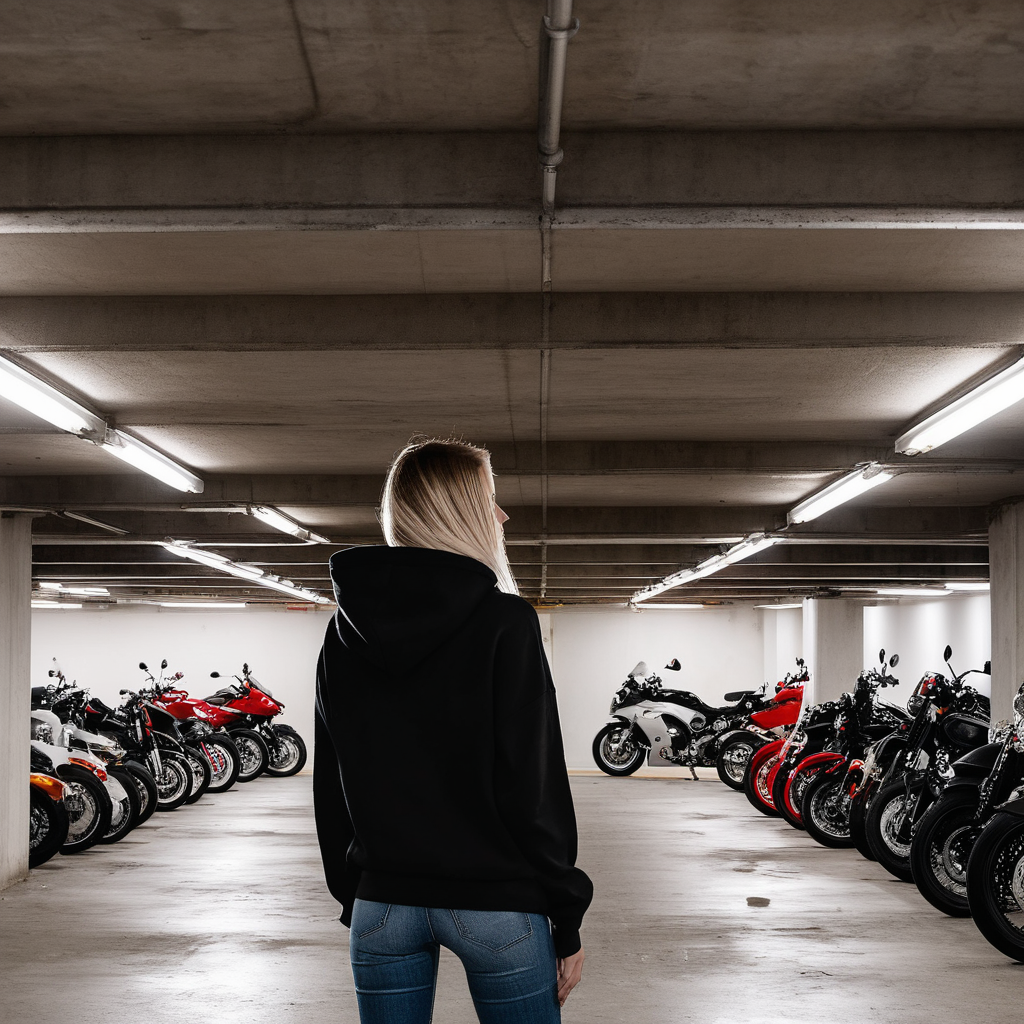 parking garage with motorcycles and has girl facing