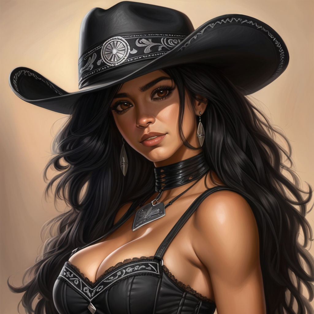 black cowboy hat, black hair, long hair, brown eyes, Latina, female, western, black corset, mature, black bandana around neck, realism, mature woman