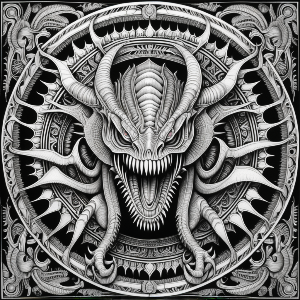 black & white, coloring page, high details, symmetrical mandala, strong lines, Daemonosaurus with many eyes in style of H.R Giger