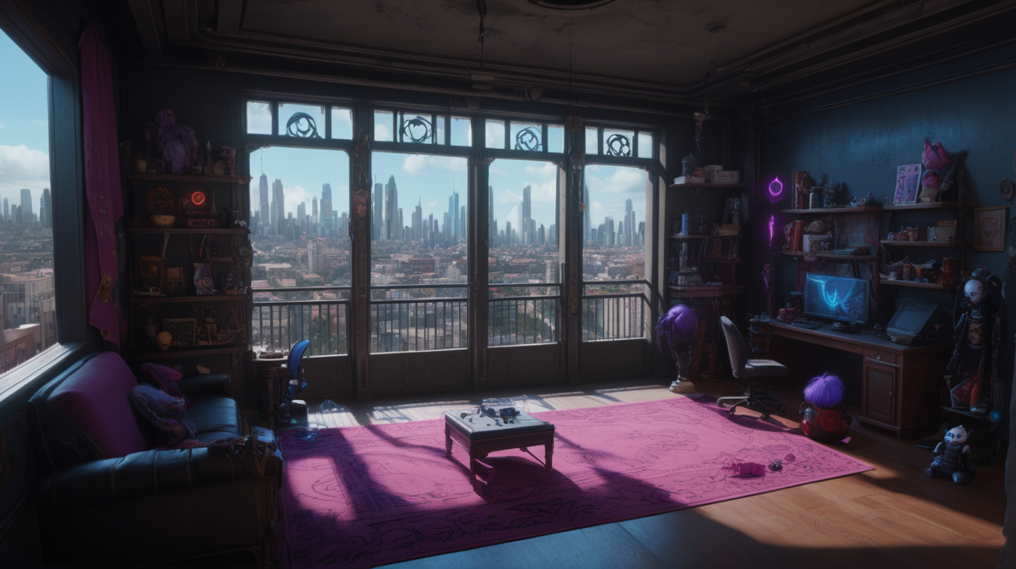 interior location of Arcane movie like VI and Jinx practice scene. Included Items, weapons and toys for jinx. There is a balcony overlooking the city.