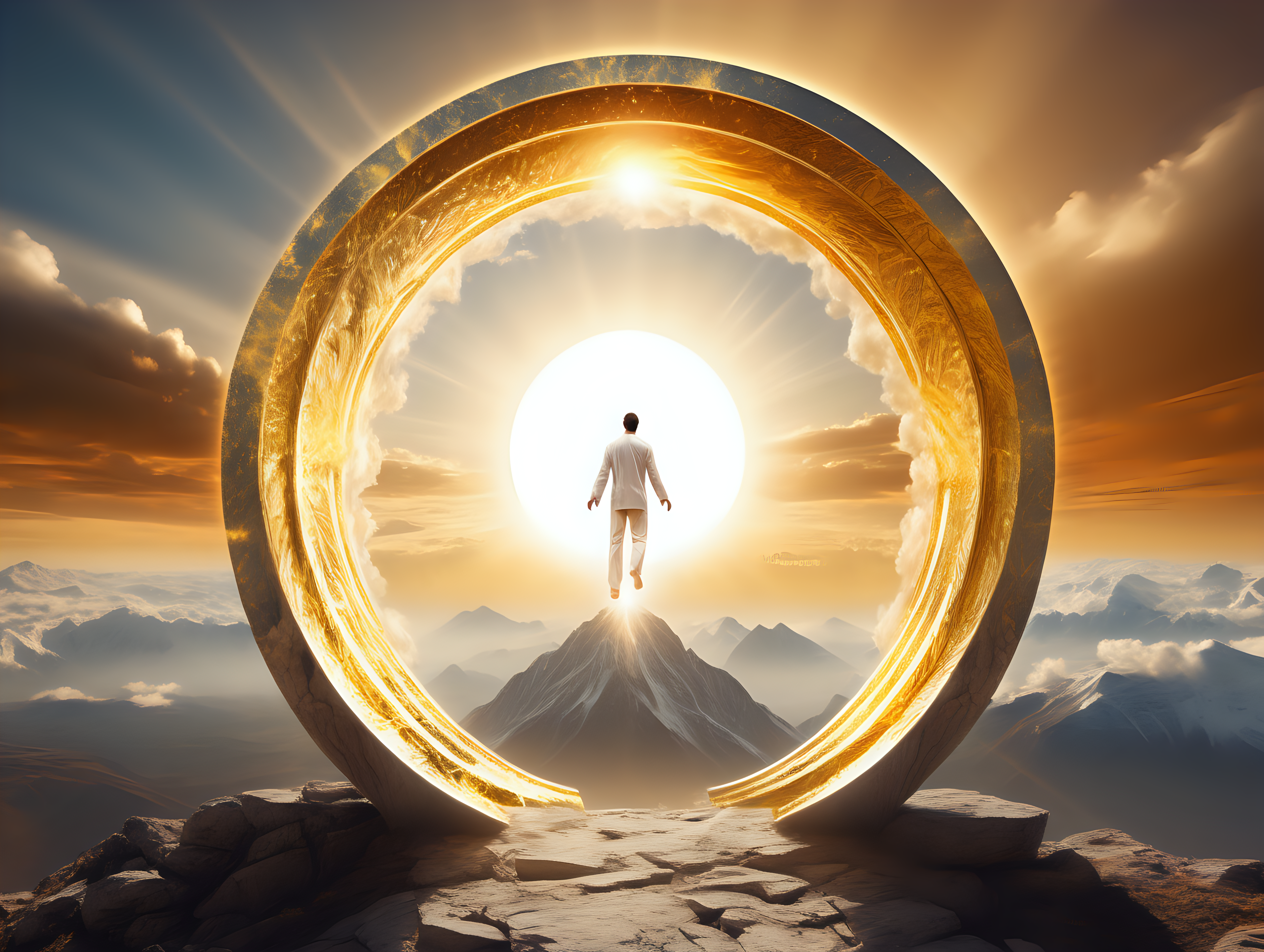Create me a powerful image of a human stepping through a portal in the sky on top of a massive mountain having a transcendental experience during a golden sunset

Use props like: mind, energy, natural elements, quantum field hypnosis, energetics, portal, consciousness

make the colours mainly white and gold