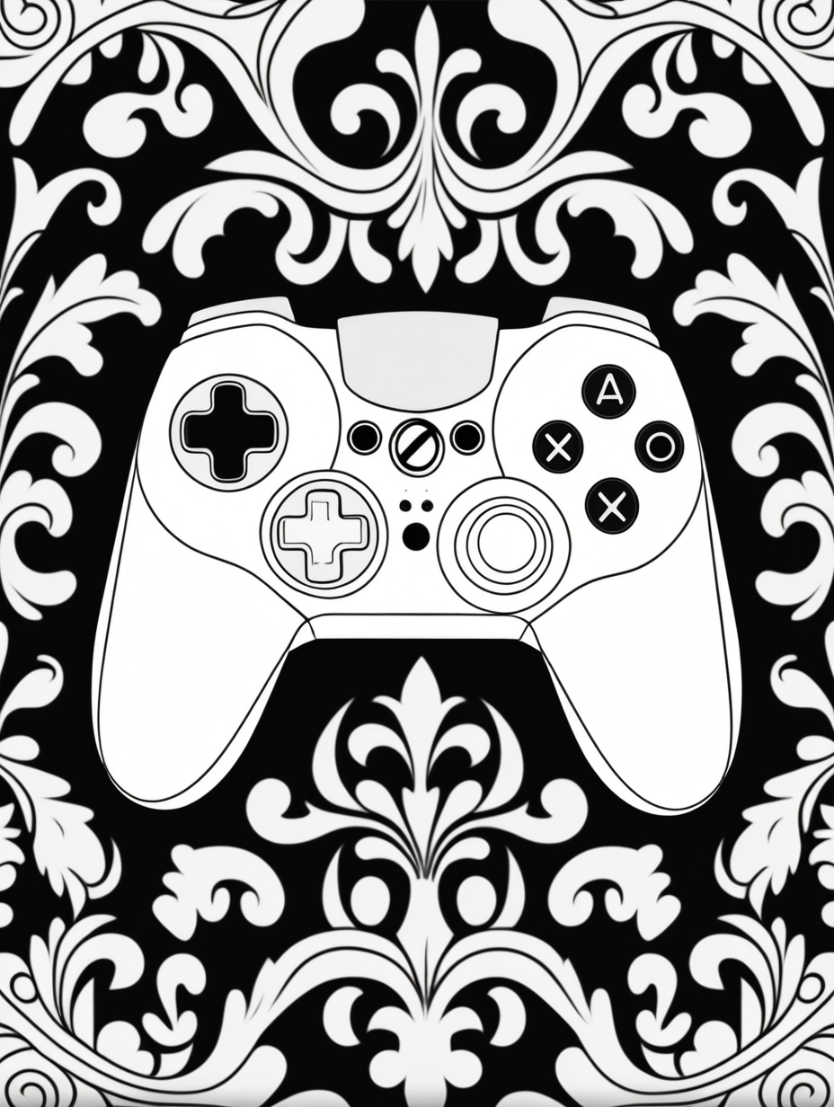 video game controller, Damask pattern background, children's coloring book page, cartoon style, clean line art, line art, coloring book, black and white, no color