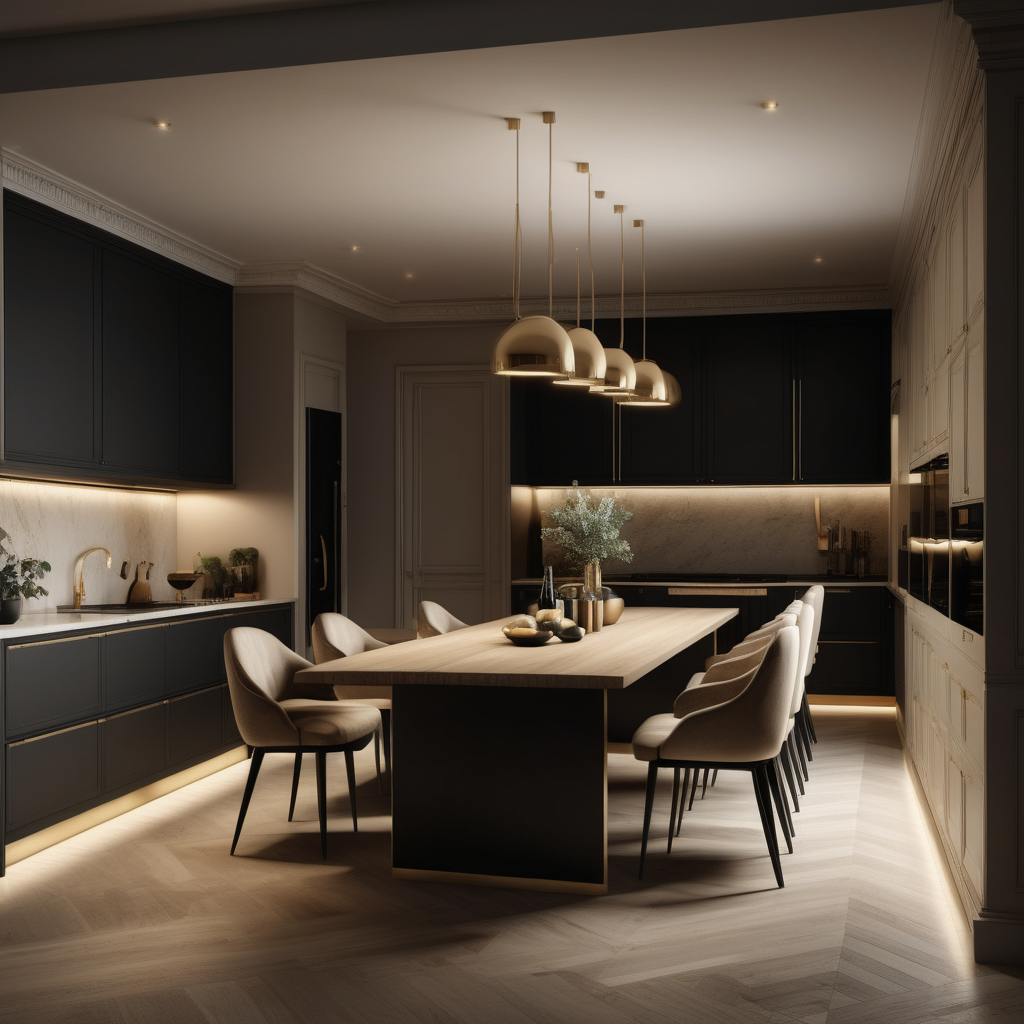 a hyperrealistic image of a grand modern Parisian  open plan kitchen and dining room,  at night with mood lighting  in beige, oak, brass and black

