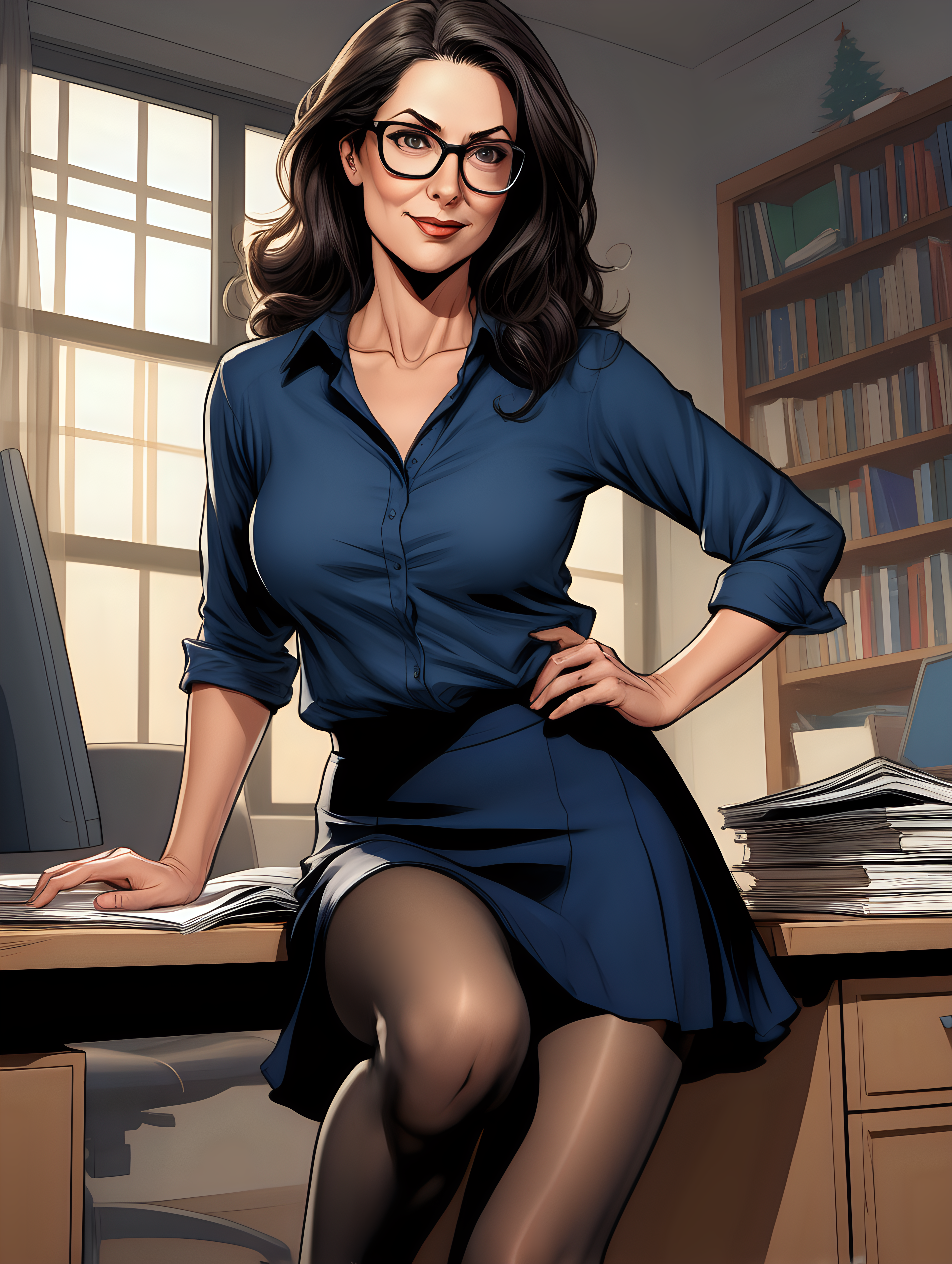 Beautiful, mature, brunette woman, teacher, glasses, [ripped open] (navy) shirt & (flowy) black skirt, meeting, Christmas night[Detailed comic book art style] , thick pantyhose legs