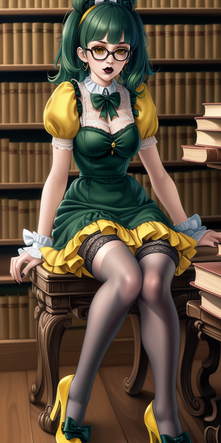 Anime woman with dark green hair and large lips with dark lipstick and heavy makeup wearing a frilly yellow dress, stockings, yellow heeled mary jane shoes, lots of bows and lace, wearing glasses.  Tiny waist, wide hips. sitting in a library. Innocent expression. 