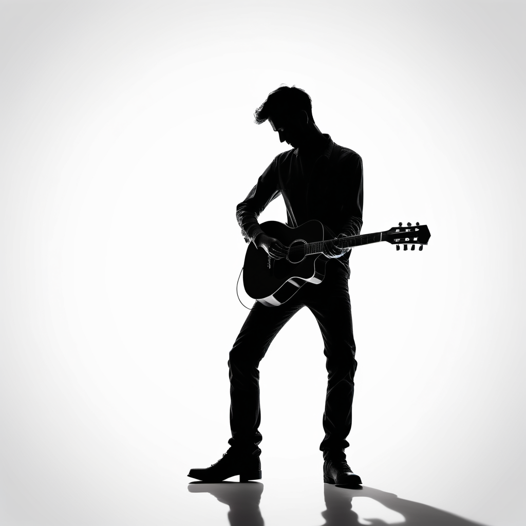 bílé pozadí_vytvoř siluetu hudebníka, jak hraje na kytaru.

