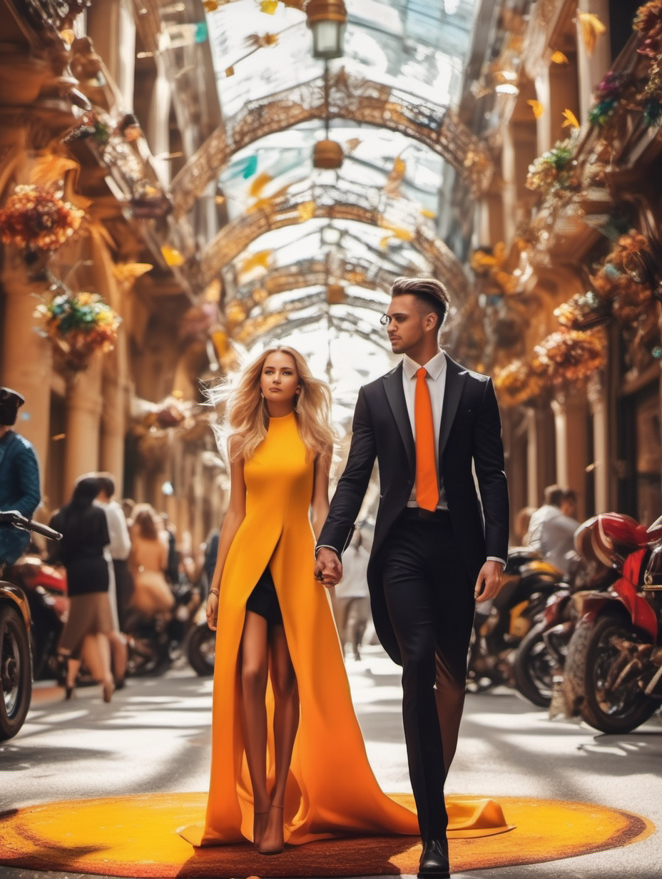 Rich male and beautiful female lead out in vibrant place