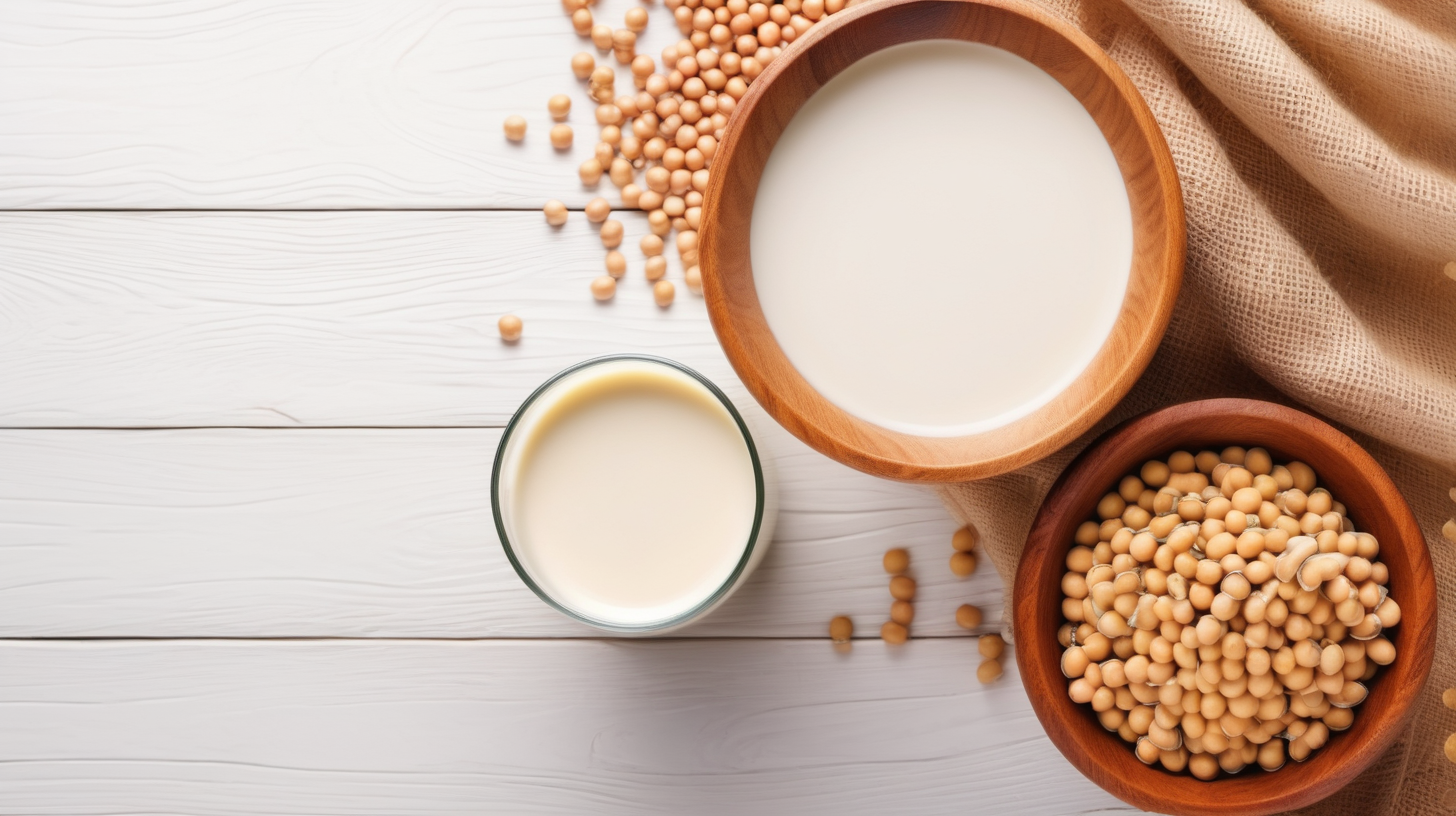Soybeans in wooden bowl with glass of soy milk on wooden table, topview, copy space, photo shoot