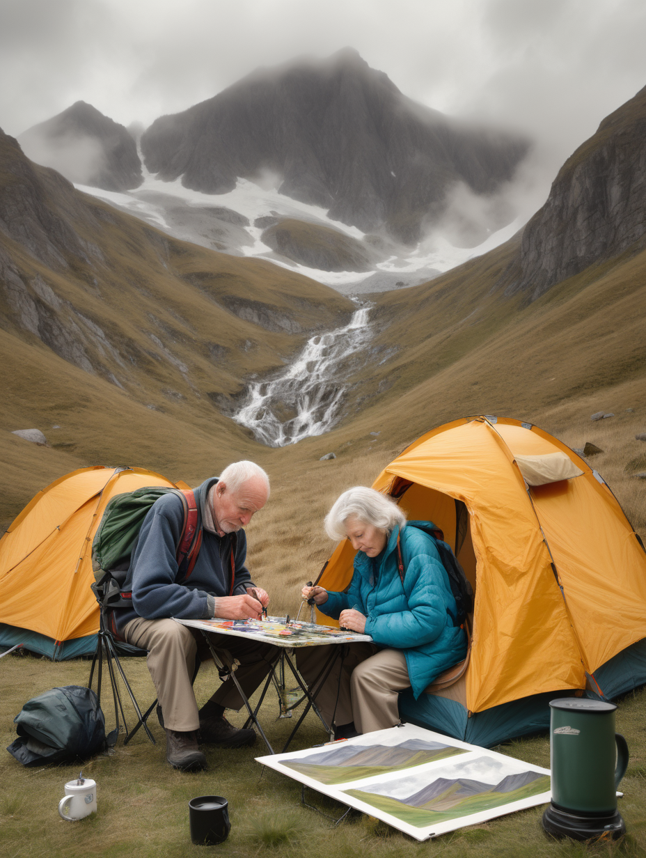 an elderly Caucasian husband and wife, doing an oil painting in an mountainous environment, overcast day, with campsite and tent in background, there is a backpack and traveller mug beside them