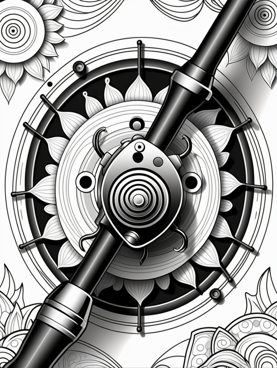 fishing rod and reel inspired mandala pattern, black and white, fit to page, children's coloring book, coloring book page, clean line art, line art, no bleed