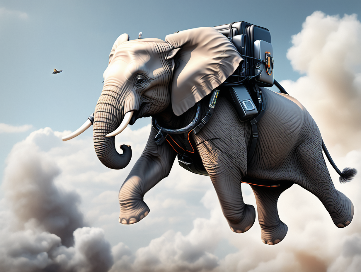photorealistic elephant flying with jetpack