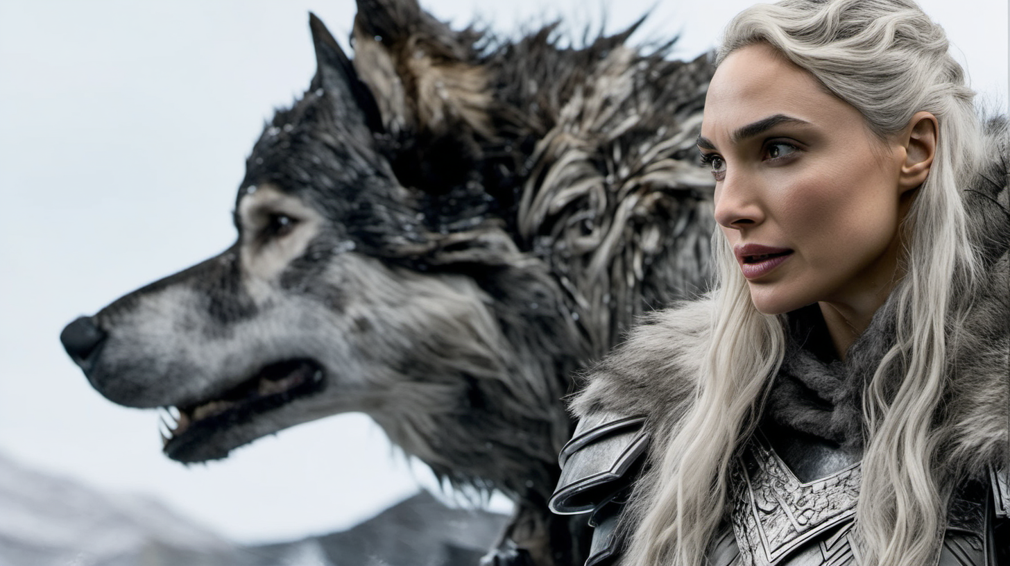 Gal Gadot with long platinum blonde hair wearing armor in Winterfell with a grey direwolf