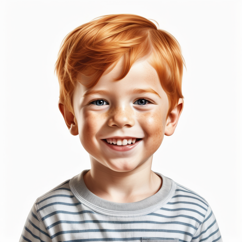 Bílé pozadí_Vytvoř realistickou tvář_ilustraci _tří letý kluk_úsměv_ _světlejší zrzavé vlasy