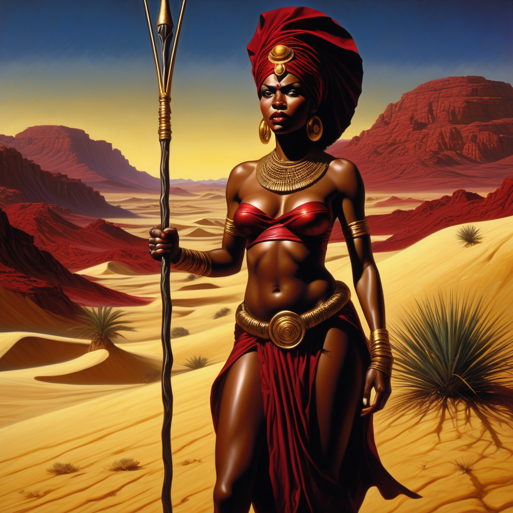 a black woman holding a spear in the desert, in the style of vibrant collage, dark crimson and gold, jason edmiston, beautiful women, kushan empire, i can't believe how beautiful this is, saturno butto --ar 2:3 --style raw --stylize 50 --v 5.2