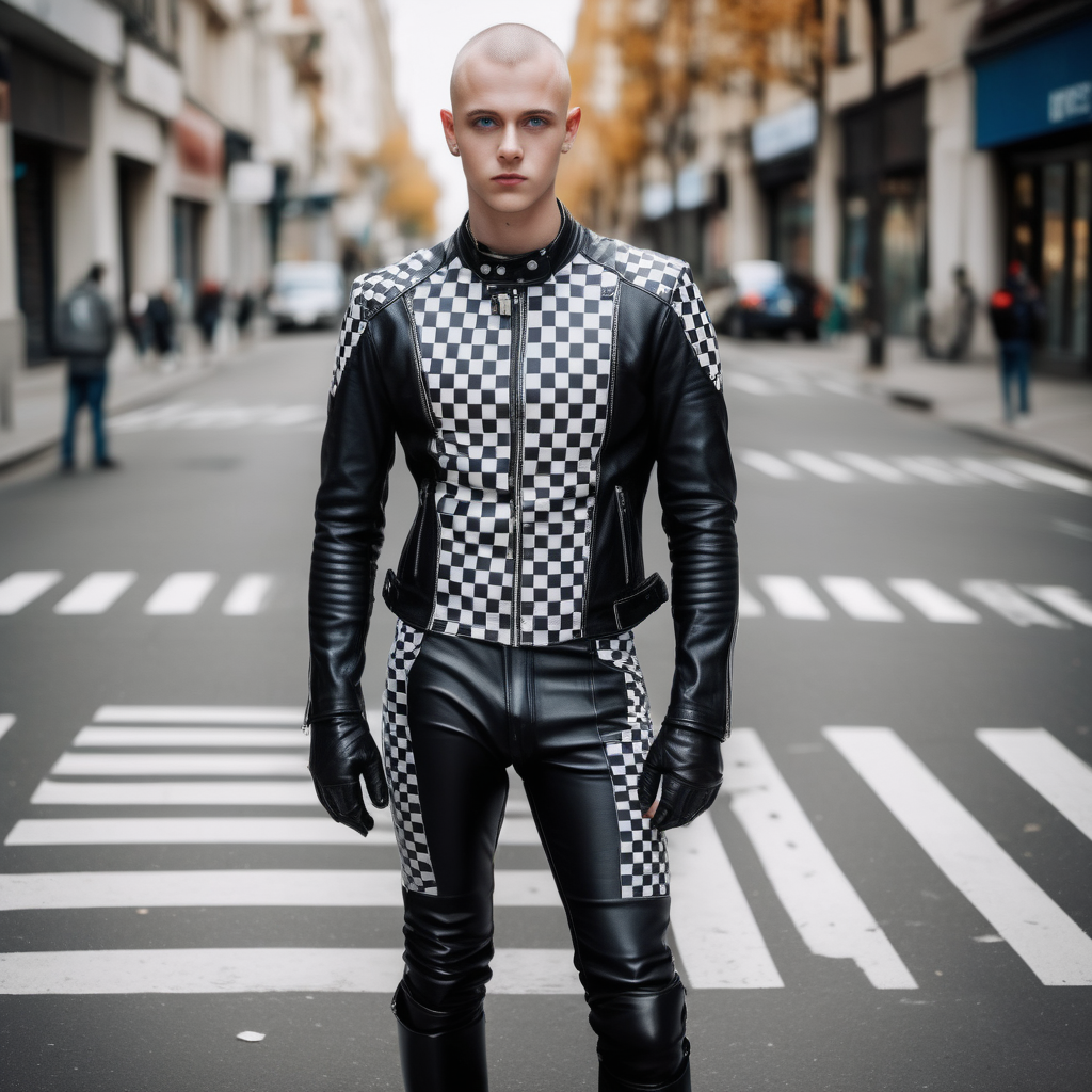 handsome young adult, shaved hair, blue eyes, black leather jacket, white and black checkers pattern skintight suit, boots, street, day