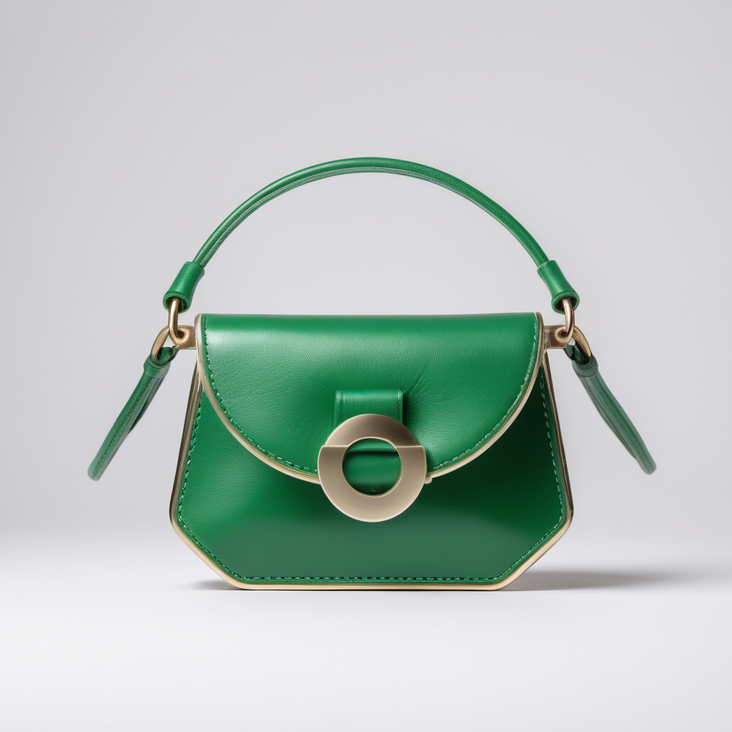 Optical illusione inspired luxury small leather bag - one handle - innovative shape - metal buckle - frontal view - green shades