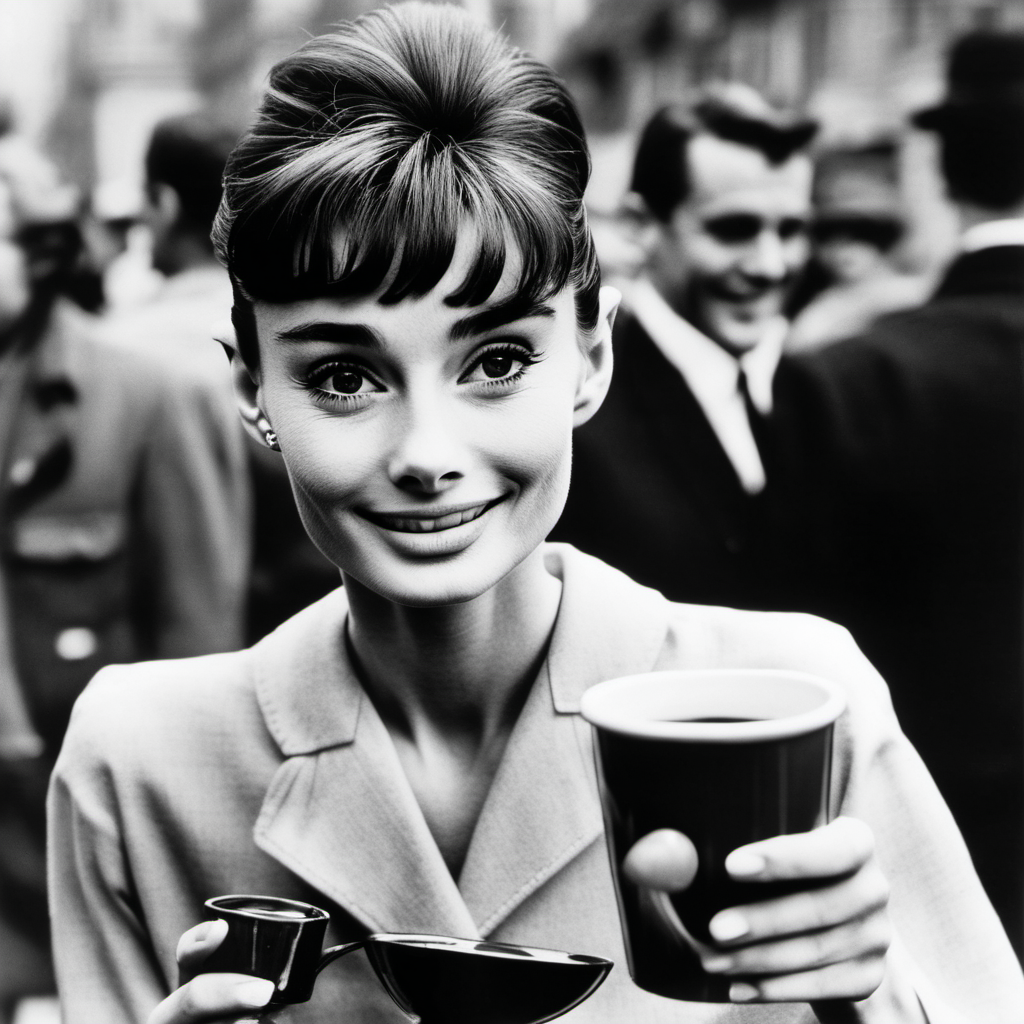 Audrey Hepburn charming the world, coffee cup in hand.