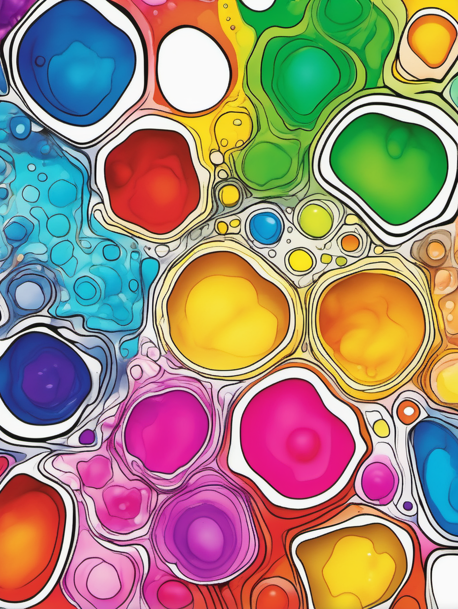 paint pouring cells, coloring page, vivid colors