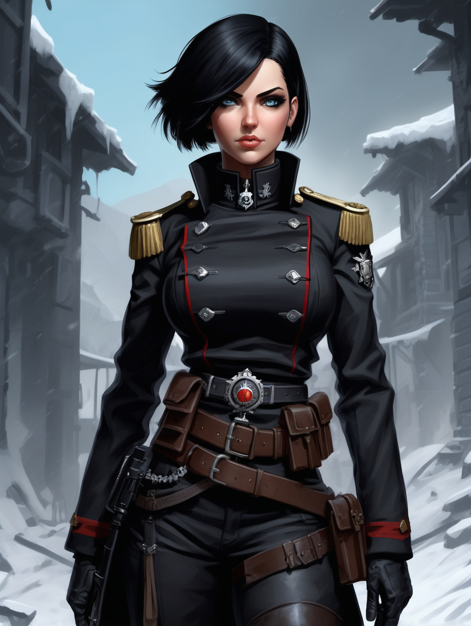 Warhammer 40K young Commissar woman. She has an hourglass shape. She has raven black hair. She has a very short hair style similar to what Maya, from Borderlands 2, has. Dark black uniform. Dark brown belt has a lot of pouches, grenades, and a black holster attached. Dark brown bandolier around waist. Her dark black uniform jacket fits perfectly and is closed up. She has a lot of eye shadow. Background scene is snowy trench line. She has icy blue eyes. 