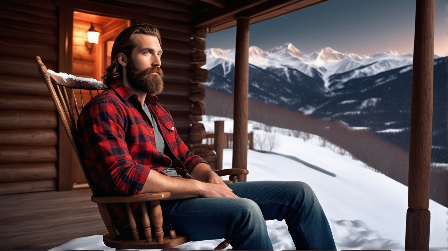 The photo is taken in a mountain house. a handsome super realistic man is sitting on a wing chair on a porch of the mountain house, we can see the snow mountains at a distance), he's got his back to the camera. he is wearing a red plaid shirt and jeans. he has long brown hair and a beard. outside it is night and snowy. The lighting in the portrait should be dramatic. Sharp focus. simetric.  cinematic shot. Use muted colors to add to the scene. 