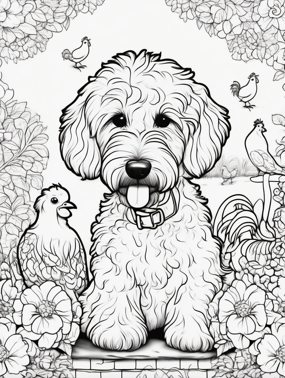 A cute goldendoodle in a whimsical garden with