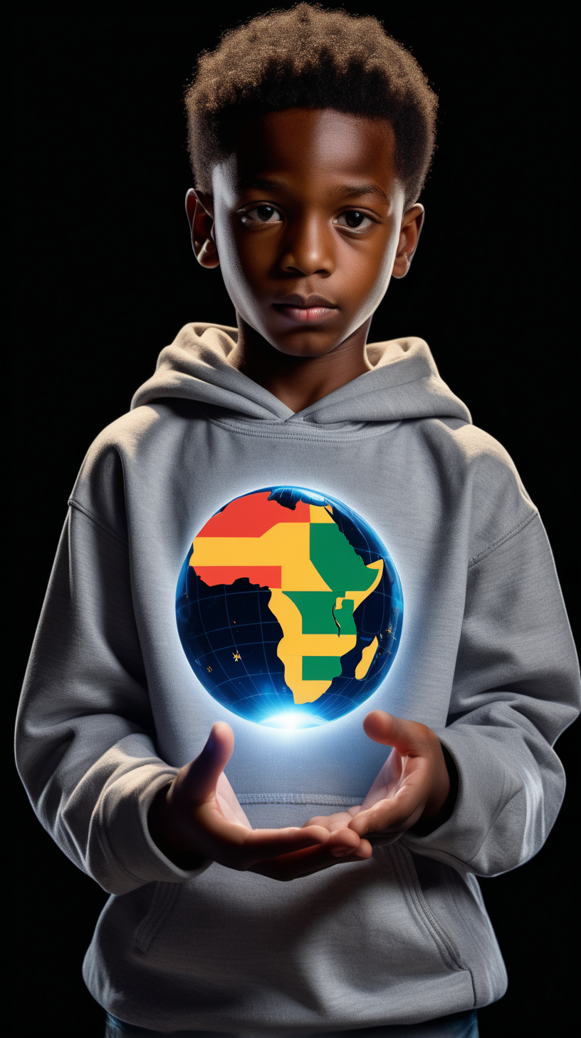 A young black boy, wearing a grey hoody with an African flag on the front holding his hand out, as a tiny globe hovers above his palm,  wearing dark blue jeans, wearing Puma shoes, staring in wonderment, at a holographic image projecting from the graphic on the front of his shirt, time of day is dusk, light shadows in the background, light is coming from the hologram 4k, high definition, realistic