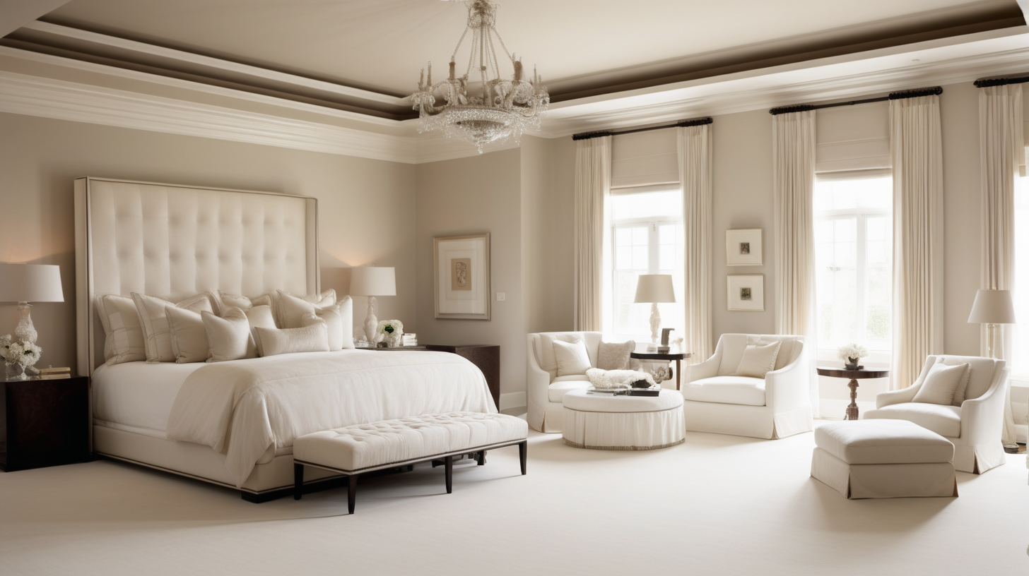 luxurious high end timeless bedroom neutrals white creams in square room with big light and chopped cushions with seating area at side