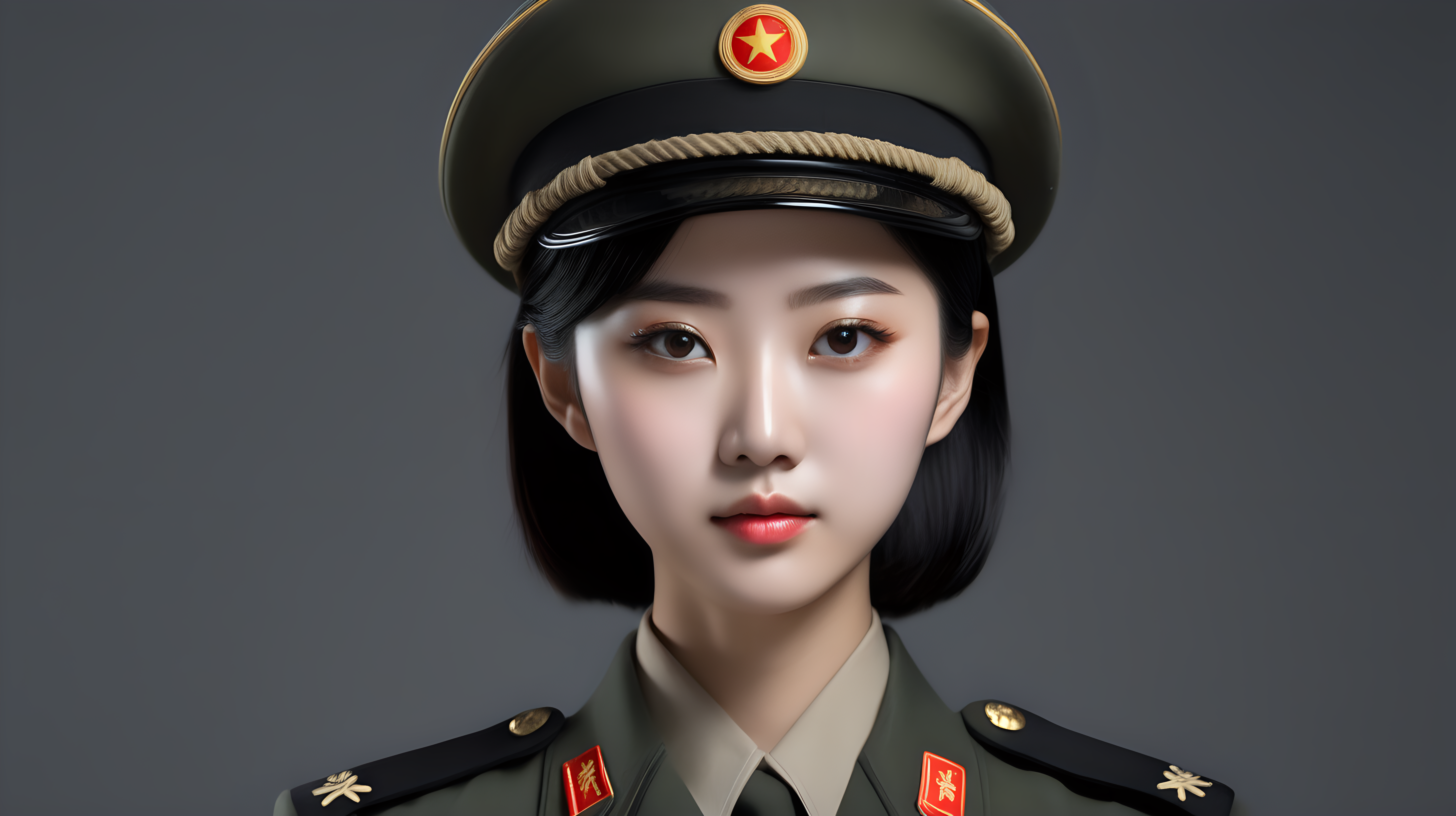 A Chinese female soldierBlack hairYoung personLarger chestFrontal faceStanding