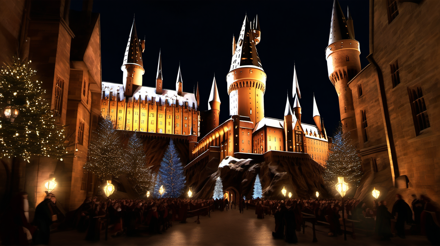 Hogwarts at Christmas warm lighting