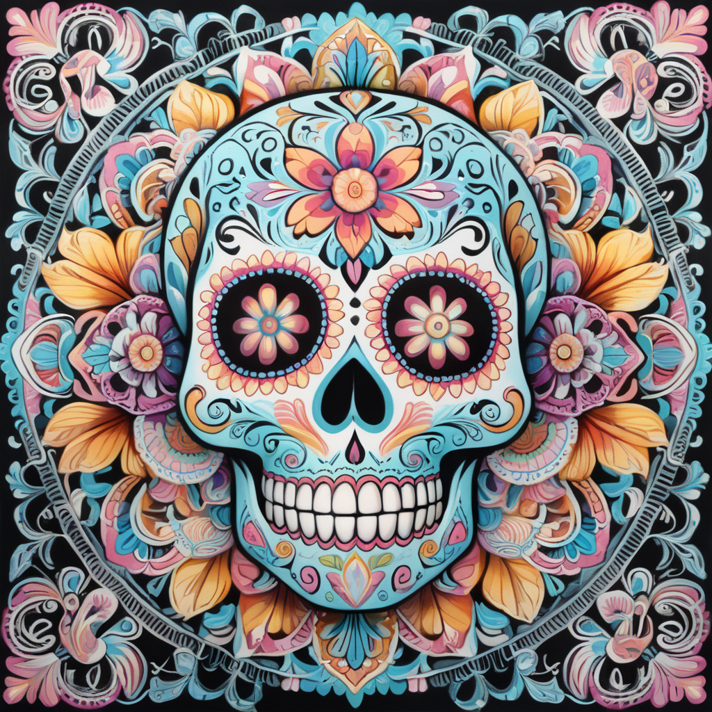 bright pastel colors, high details, symmetrical mandala, strong lines, day of the dead, candy skull