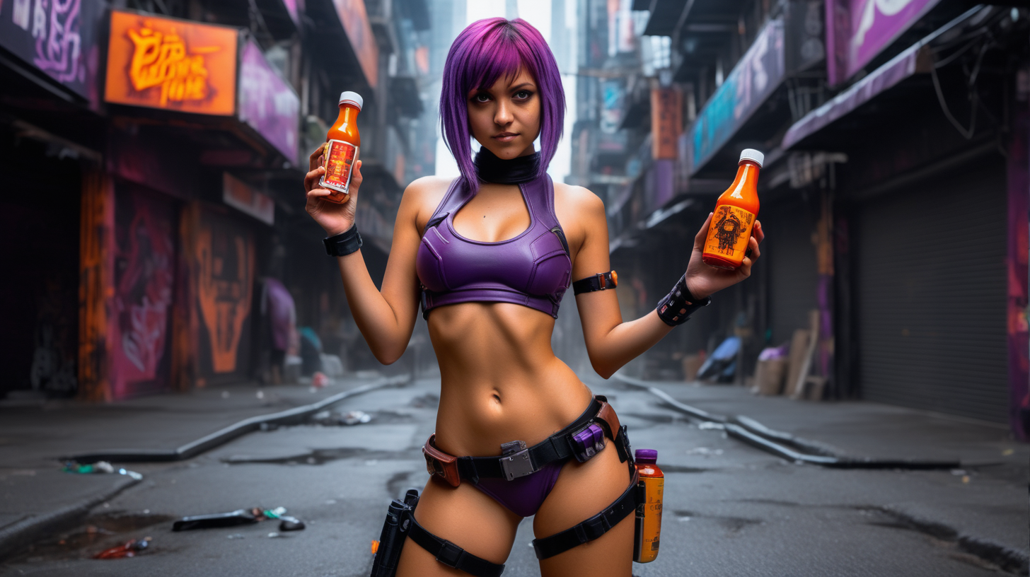 sabine wren bikini model holding hot sauce on cyberpunk street