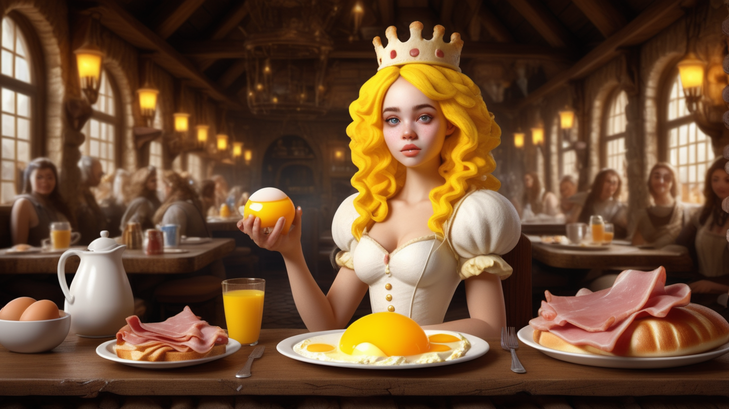 photo realistic dark fantasy style cute beautiful Princess made of breakfast food in a fantasy style tavern having breakfast. Her body is made of egg yolk and her hair is egg whites. Her clothes are made of ham and buttered toast.