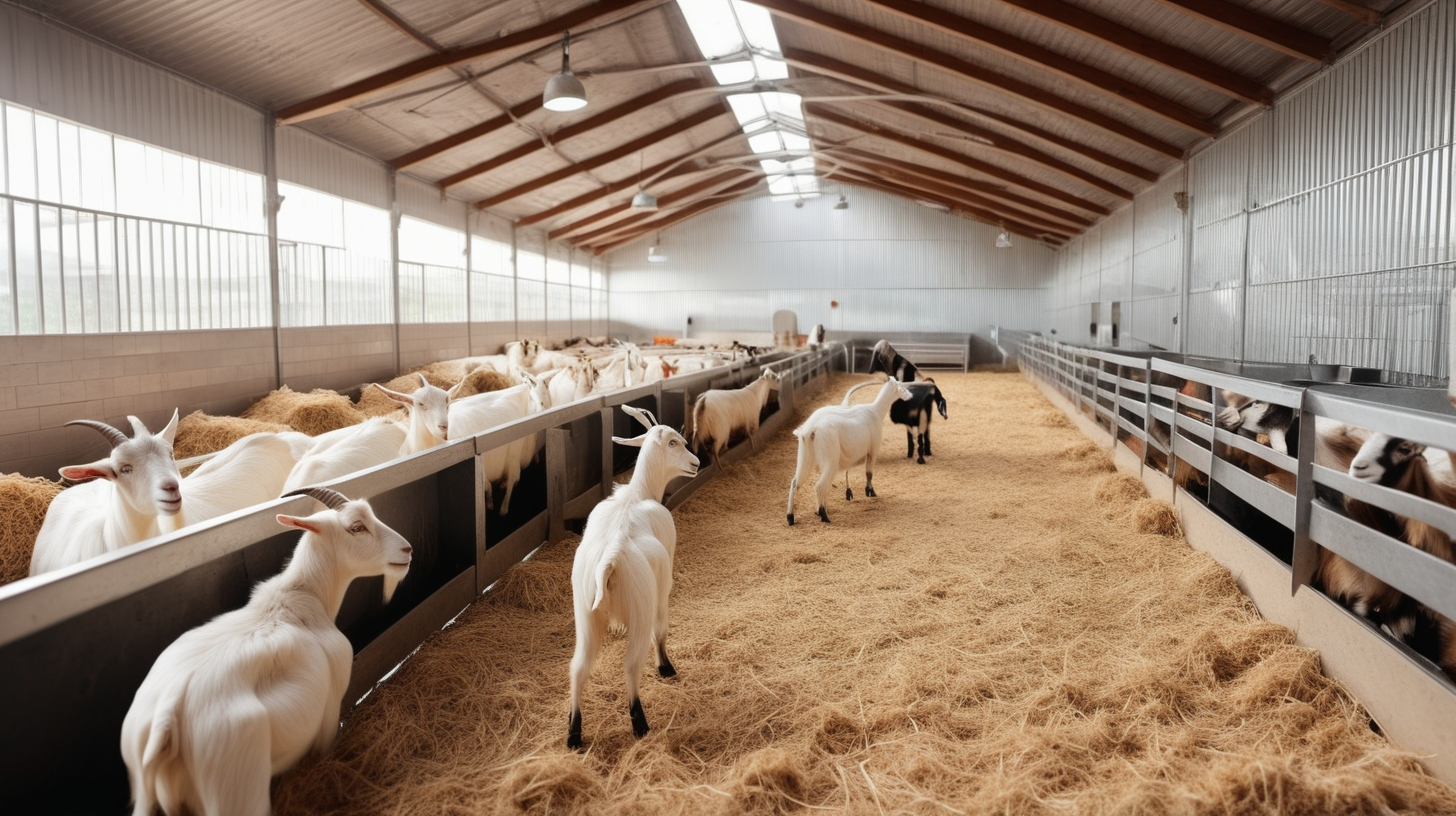 indoor modern goat farm with goat eat food in stable