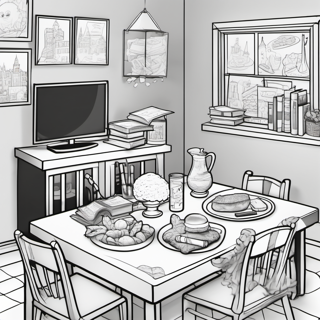 create an image without color for a kids' coloring book of a room with food on a table, trophies, graduation gown and cape, books, tv and money