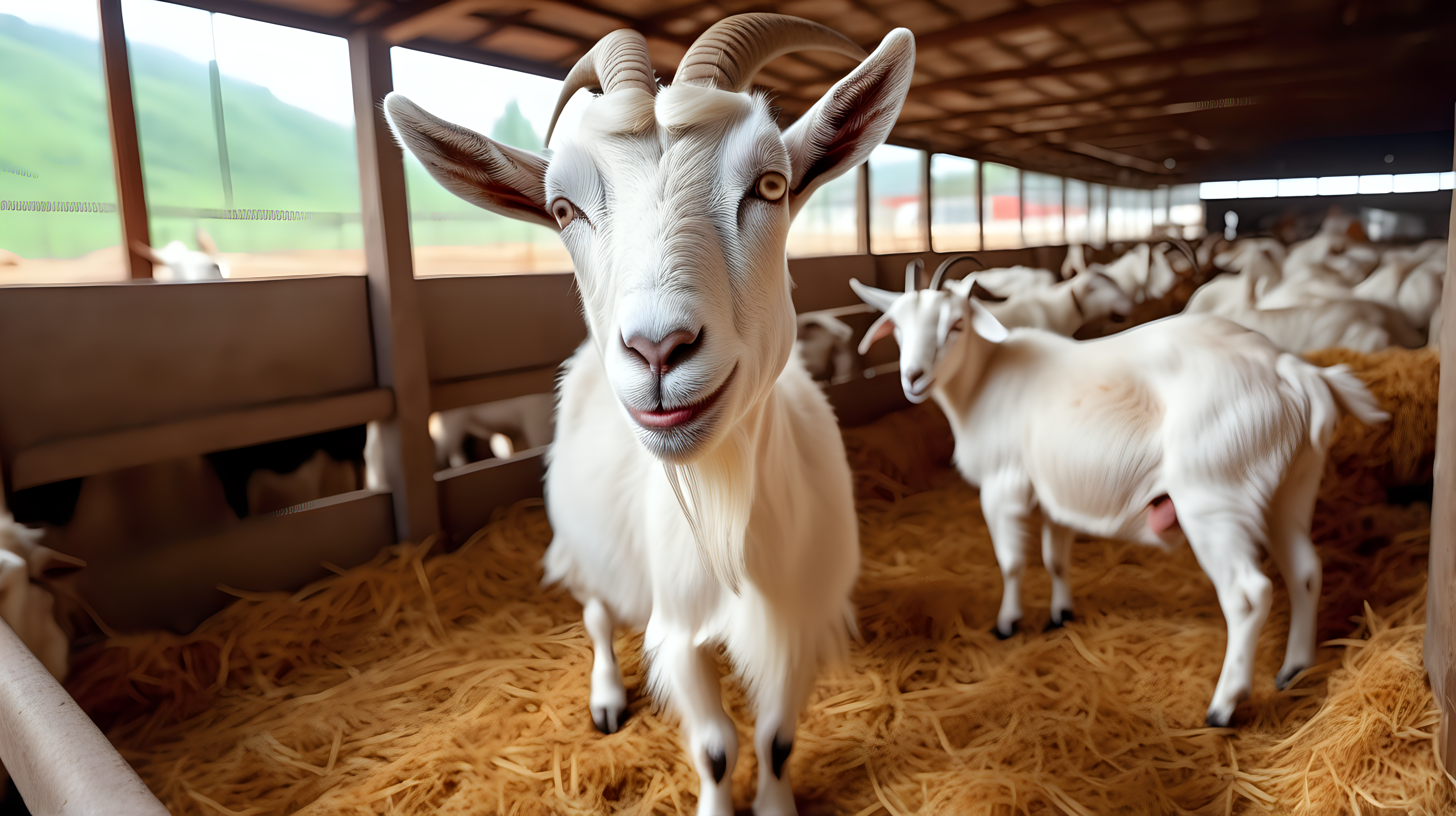 indoor modern goat farm with goat eat food in stable, close up goat