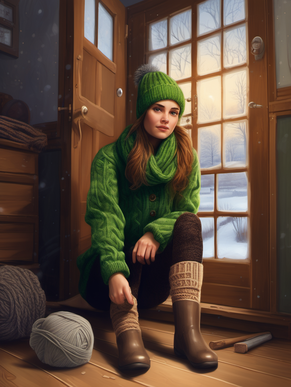 Hot women with long hair tied in a ponytail and green eyes. She is sitting on the floor in a country house with a wooden floor. It is a winter evening. Wood is burning in the stove, through the windows you can see night and trees in the distance. The moon shines brightly in the sky. It feels cold and quiet. The wooden door of the house can be seen next to the window. A knitted scarf, hat, gloves and a double-barreled shotgun hang from it. On the floor next to the door is a pair of rubber boots, knitted socks. Next to them a pair of low galoshes. Around the girl are unfinished knitting. She is wearing a brown hand-knitted thick woolen sweater. Tight on her body. Her legs are in thick black elastic leggings. He wears two pairs of socks. Brown hand knitted wool socks and under other knitted socks. Door is old and dusty.