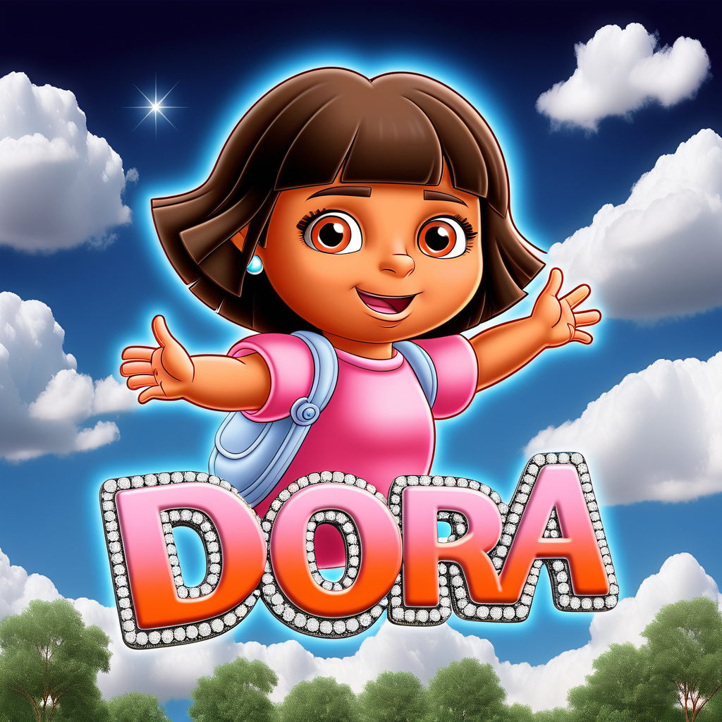 prompt: without the image but the word DORA  in rhinestone in the sky  with clouds